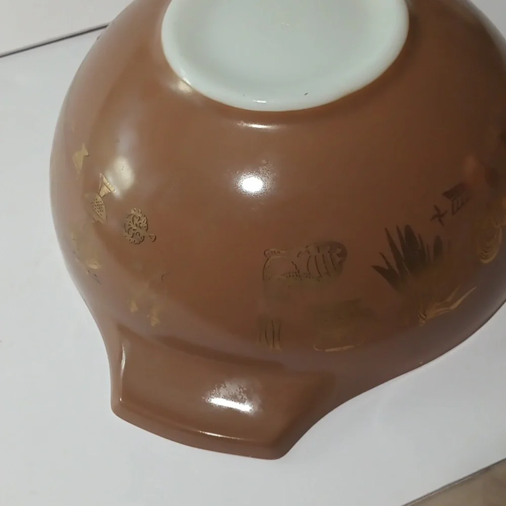 PYREX Vintage Mixing Serving Bowl Chocolate Golden Symbols Graphics Hand Washed